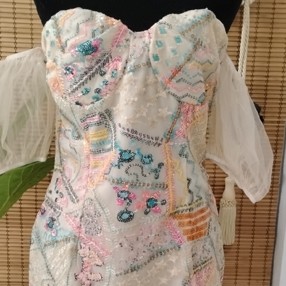 Colorful Patchwork Beaded Embroidery Off-Shoulder Dress Ruffle Small Dress